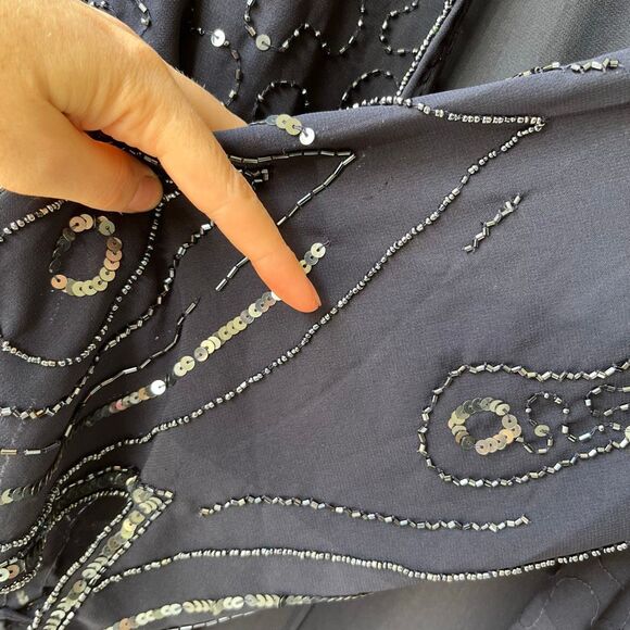 VTG Beaded Roaman’s Navy Duster Jacket Sheer Evening Kimono 43” - Picture 3 of 10